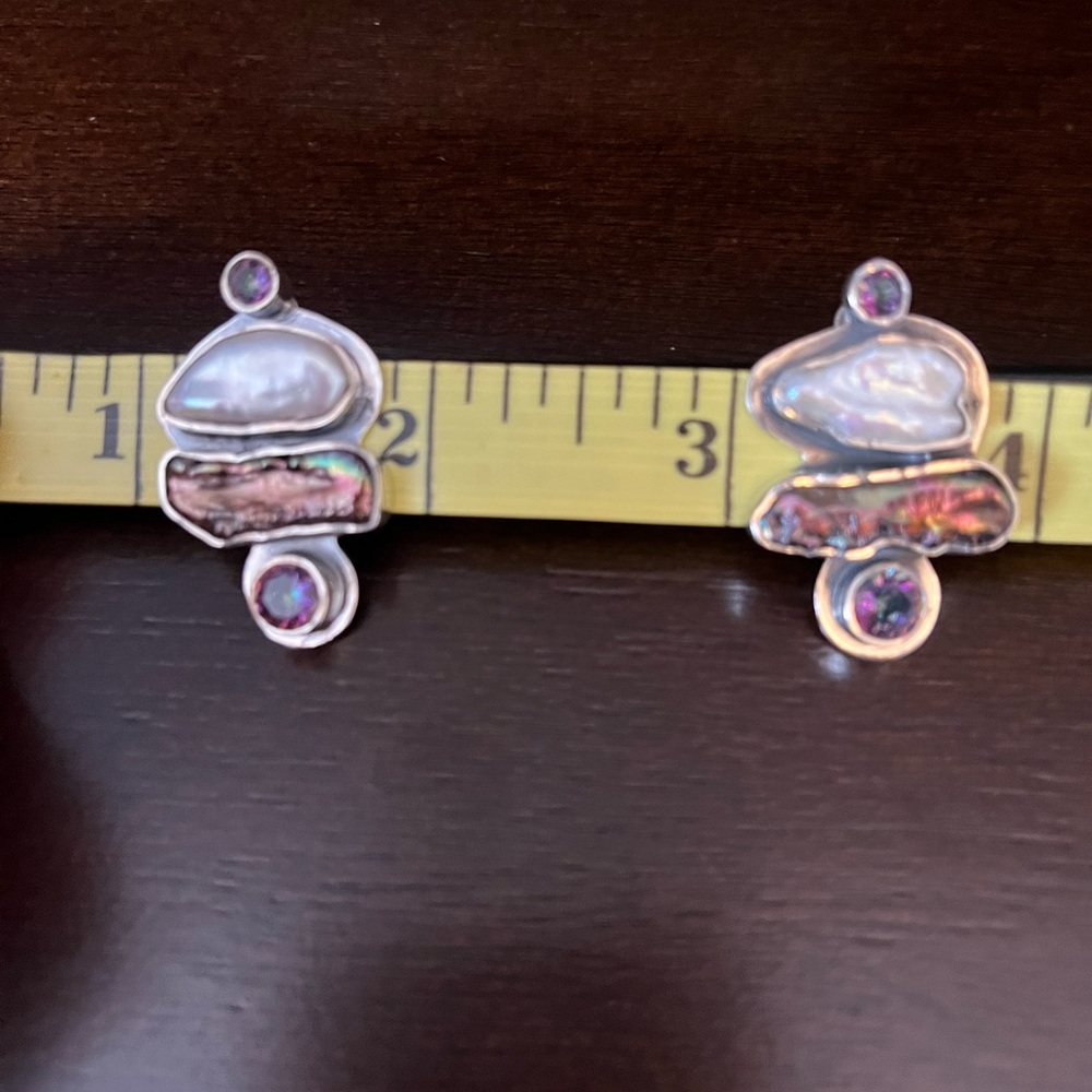 Stealing silver , mother of pearl, mystic topaz studs earrings